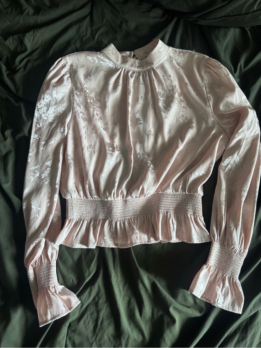 Forever 21 Light Pink Floral Satin Blouse with Smocked Waist